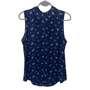 Dark Academia Navy Blue Floral Sleeveless Collared Button Front Blouse Medium
